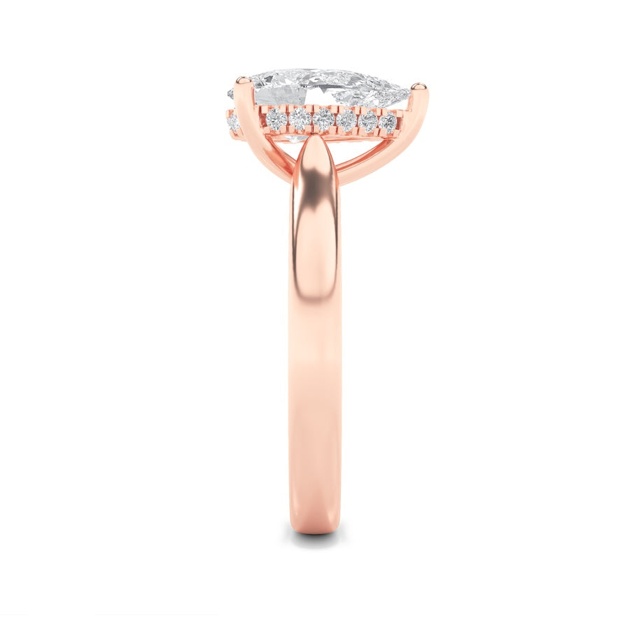 1CTW Pear Shaped Lab Grown Diamond (F/VS) Hidden Halo Cathedral Shank Engagement Ring in 14K Gold
