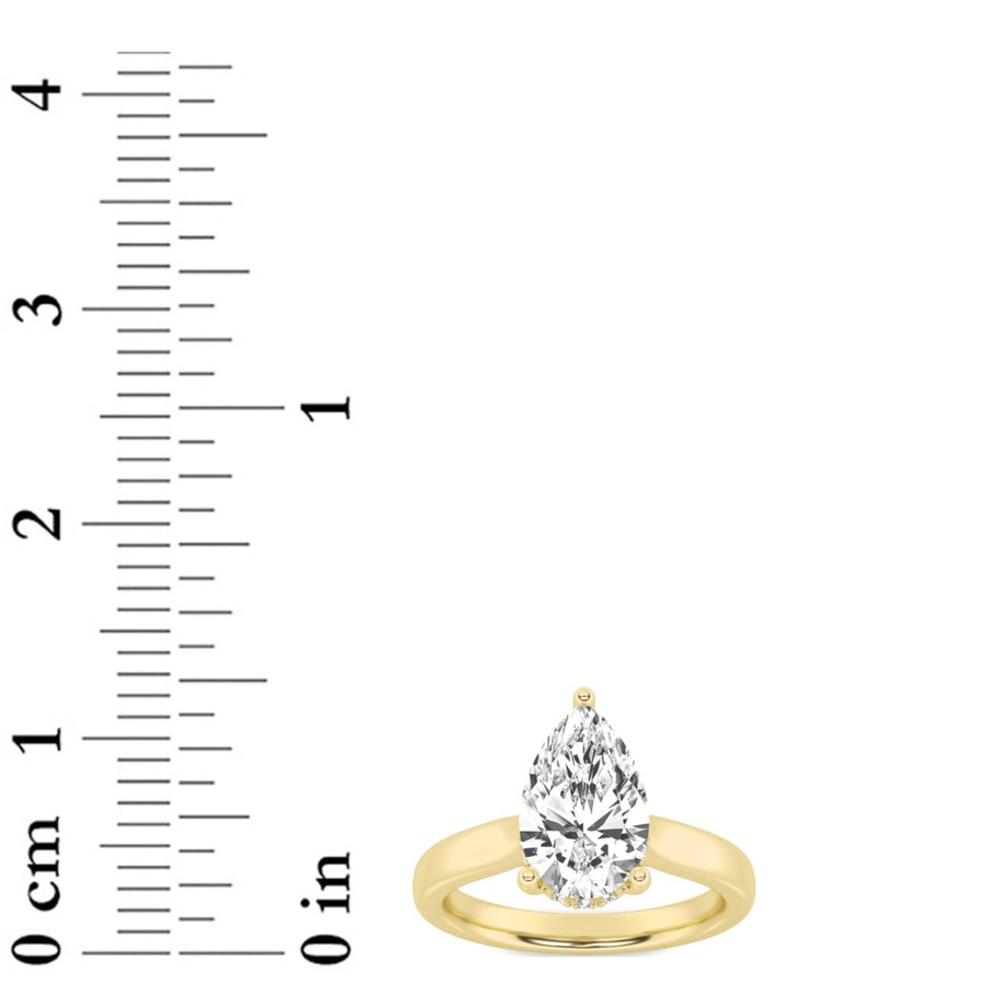 3CTW Pear Shaped Lab Grown Diamond (F/VS) Hidden Halo Cathedral Shank Engagement Ring in 14K Gold