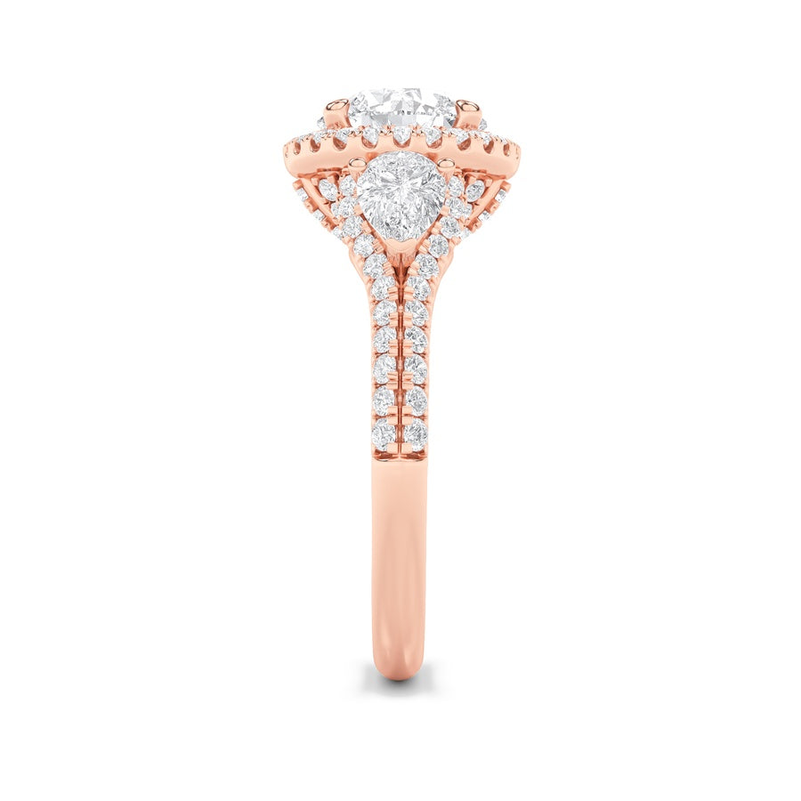 3CTW Round Shaped Lab Grown Diamond (F/VS) Three Stone Bold Accented Engagement Ring in 14K Gold