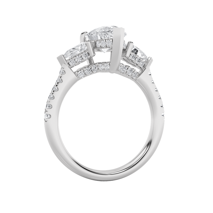 3CTW Pear Shaped Lab Grown Diamond (F/VS) Three Stone Accented Engagement Ring in 14K Gold