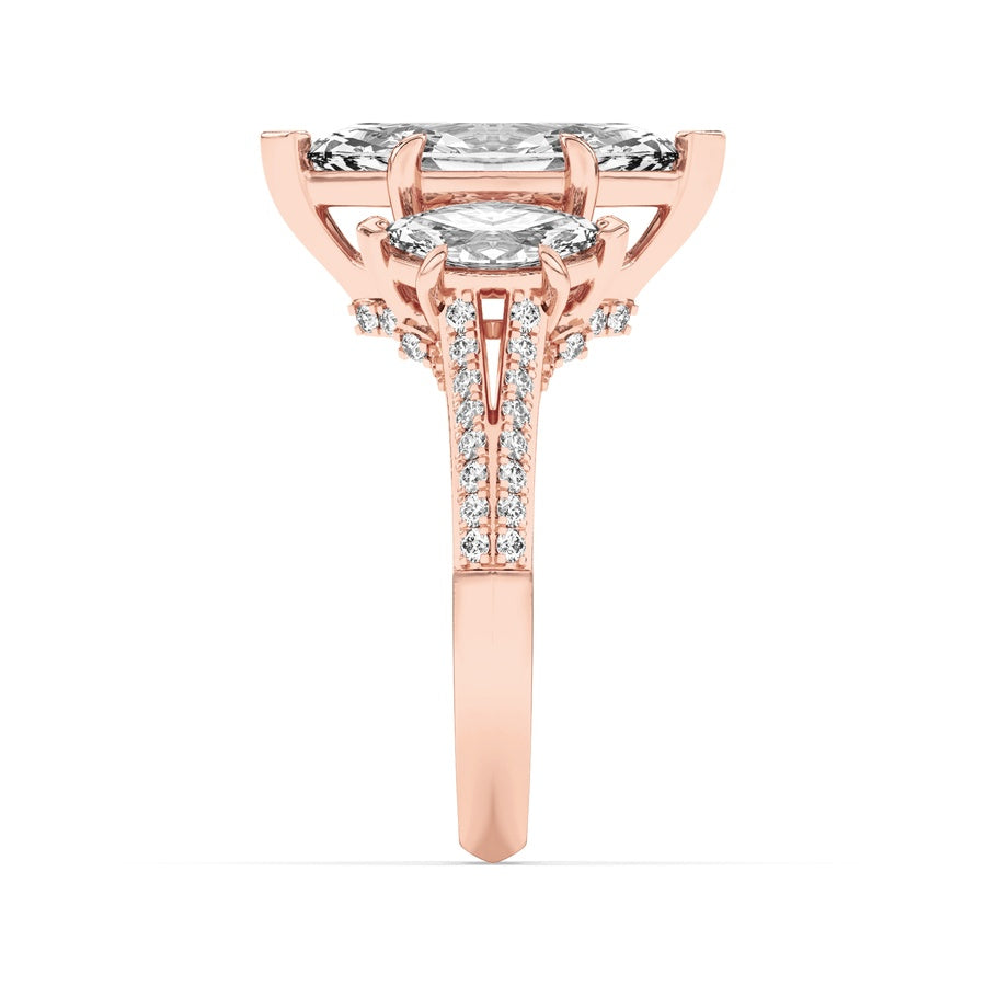 4CTW Marquise Shaped Lab Grown Diamond (G/VS) Three Stone Accented Engagement Ring in 14K Gold