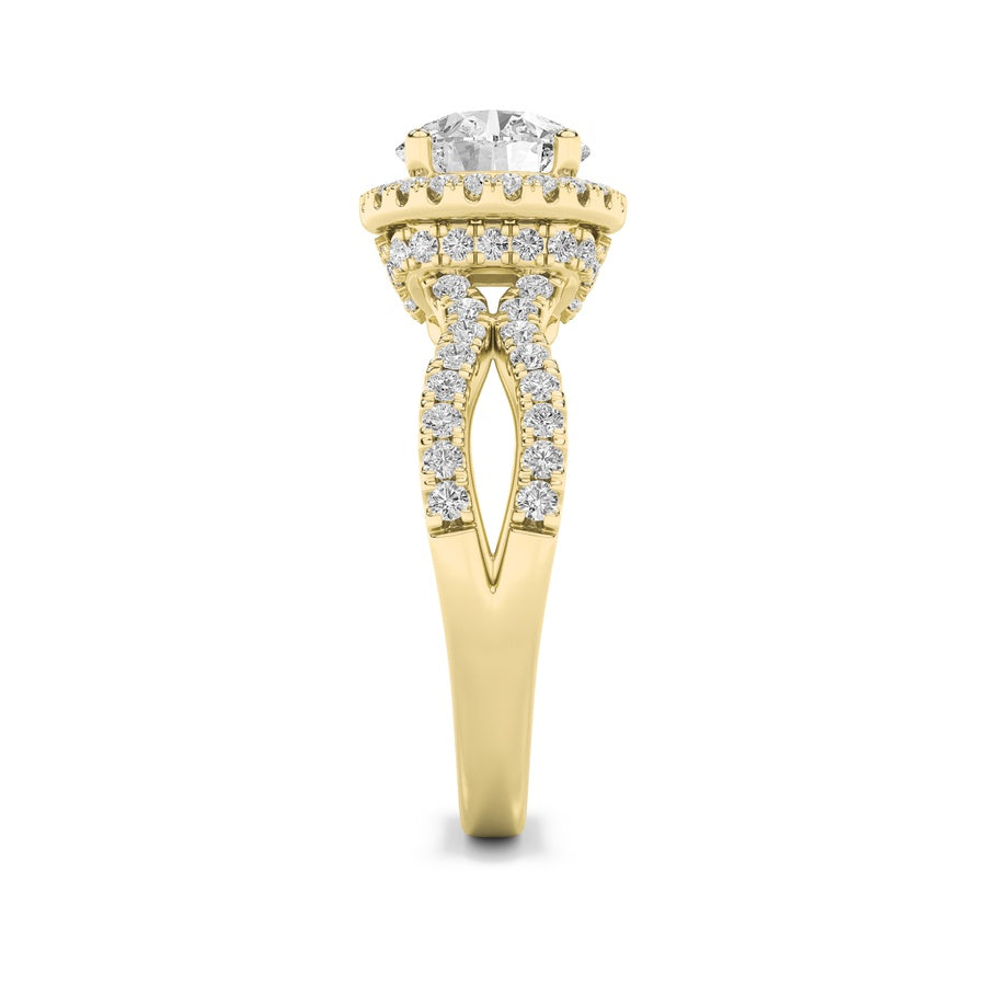 2CTW Round Shaped Lab Grown Diamond (F/VS) Split Shank Halo Accented Engagement Ring in 14K Gold