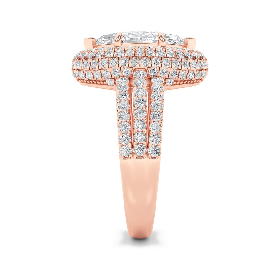 3CTW Marquise Shaped Lab Grown Diamond (F/VS) Three Row Accented Halo Engagement Ring in 14K Gold