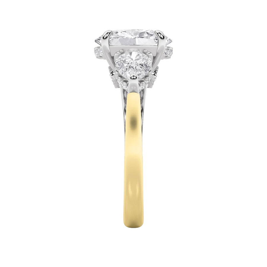 4CTW Oval Shaped Lab Grown Diamond (F/VS) Accented Three Stone Ring in 14K Gold