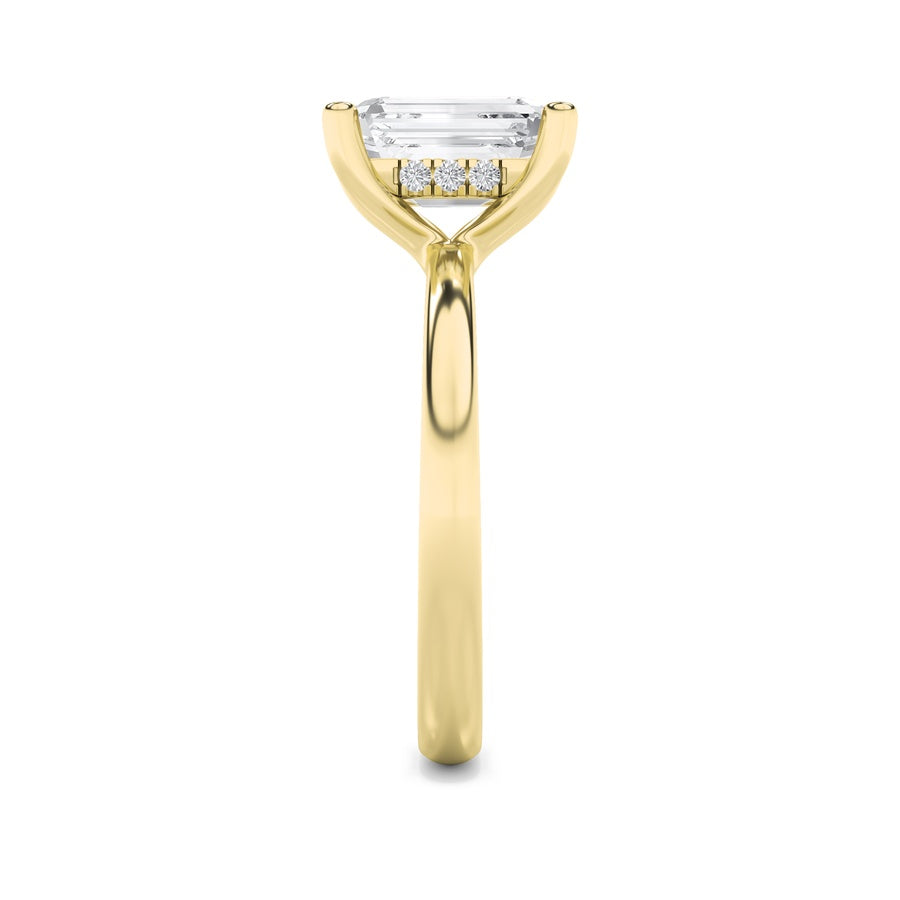 2CTW Emerald Shaped Lab Grown Diamond (F/VS) Hidden Halo Petite Shank Ring in 14K Gold