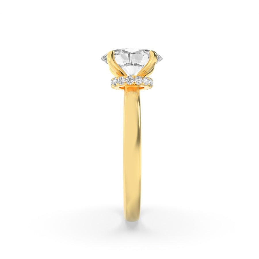 3CTW Oval Shaped Lab Grown Diamond (F/VS) Hidden Halo Plain Shank Engagement Ring in 14K Gold