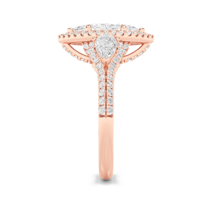 3CTW Marquise Shaped Lab Grown Diamond (F/VS) Three Stone Bold Accented Engagement Ring in 14K Gold