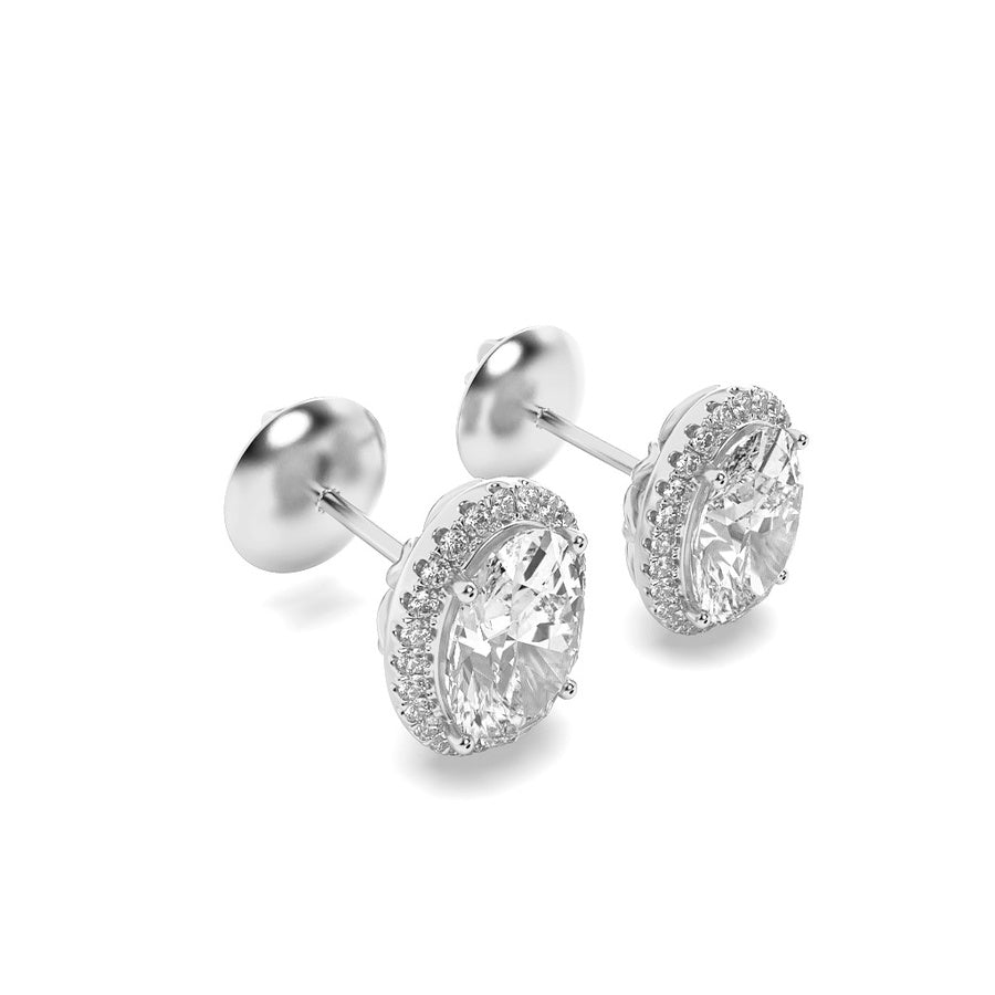 3CTW Oval Shaped Lab Grown Diamond (F/VS) Halo Stud Earrings in 14K Gold