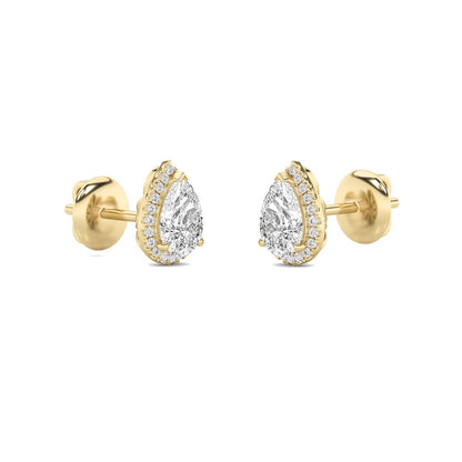 1CTW Pear Shaped Lab Grown Diamond (F/VS) Halo Stud Earrings in 14K Gold