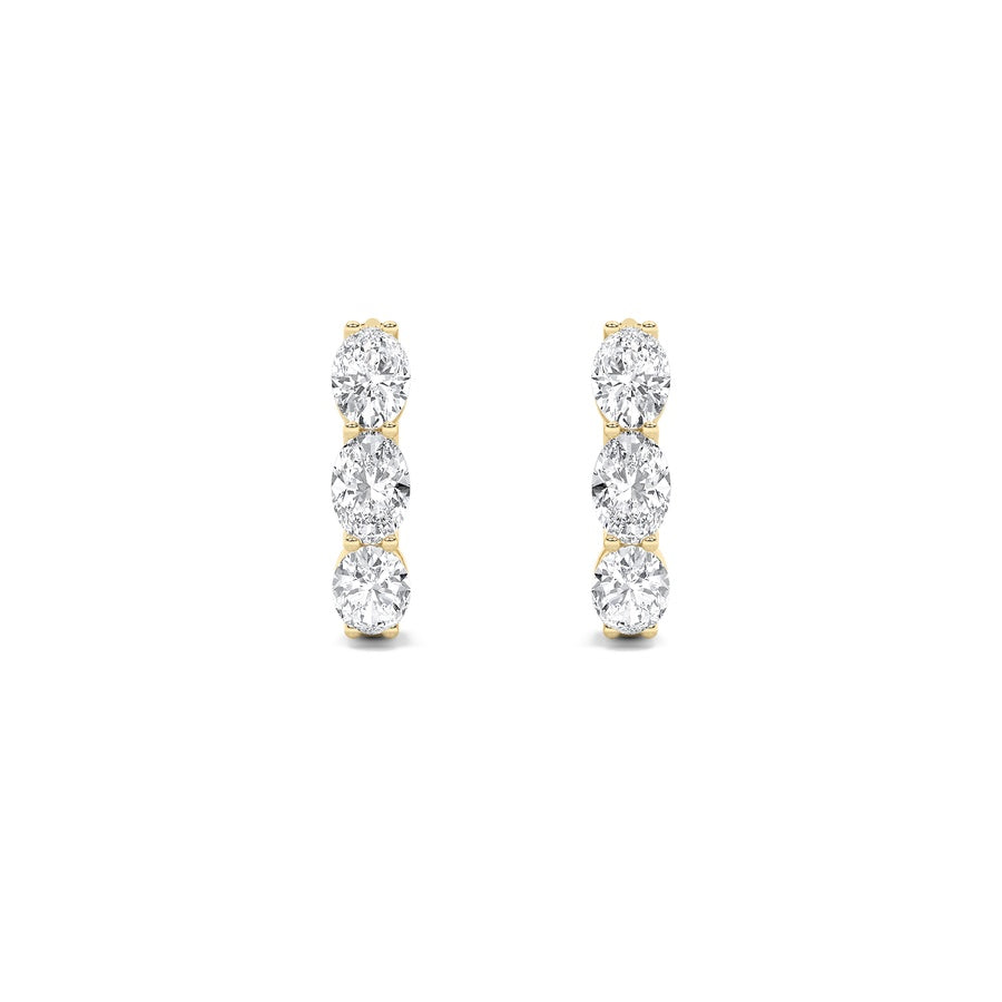 3CTW Oval Shaped Lab Grown Diamond (F/VS) Three Stone Huggie Earrings in 14K Gold