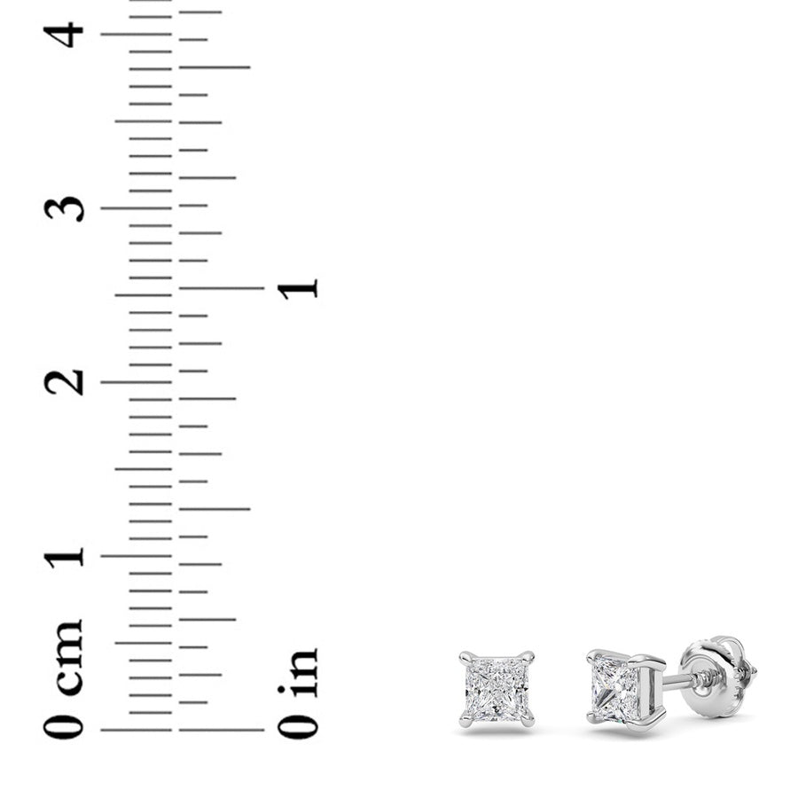 1CTW Princess Shaped Lab Grown Diamond (F/VS) Stud Earrings in 14K Gold