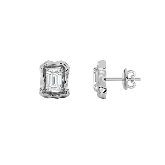 1.5CTW Emerald Shaped Lab Grown Diamond (F/VS) Organic Design Stud Earrings in 14K Gold
