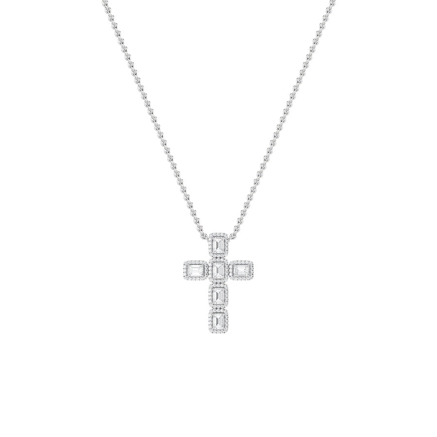 3CTW Emerald Shaped Lab Grown Diamond (F/VS) Cross Pendant in 14K Gold