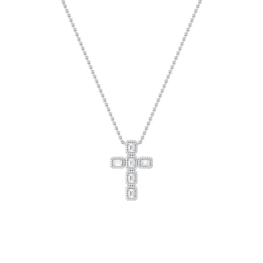 3CTW Emerald Shaped Lab Grown Diamond (F/VS) Cross Pendant in 14K Gold
