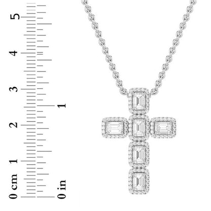 3CTW Emerald Shaped Lab Grown Diamond (F/VS) Cross Pendant in 14K Gold