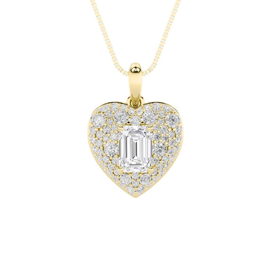2CTW Emerald Shaped Lab Grown Diamond (F/VS) Pave Accented Heart Shaped Pendant in 14K Gold