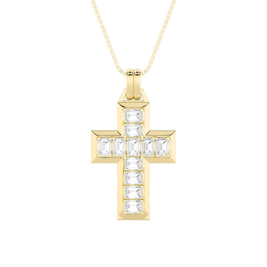 3CTW Emerald Shaped Lab Grown Diamond (F/VS) Cross Pendant in 14K Gold