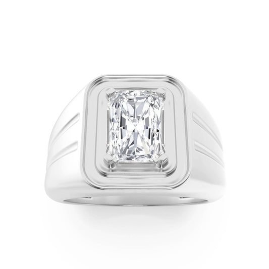 2CTW Emerald Shaped Lab Grown Diamond (F/VS) Mens Ring in 14K White Gold