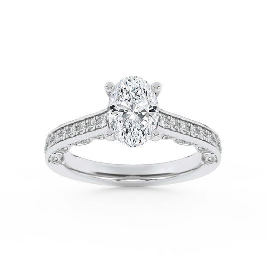 2CTW Oval Shaped Lab Grown Diamond (F/VS) Accented Engagement Ring in 14K Gold