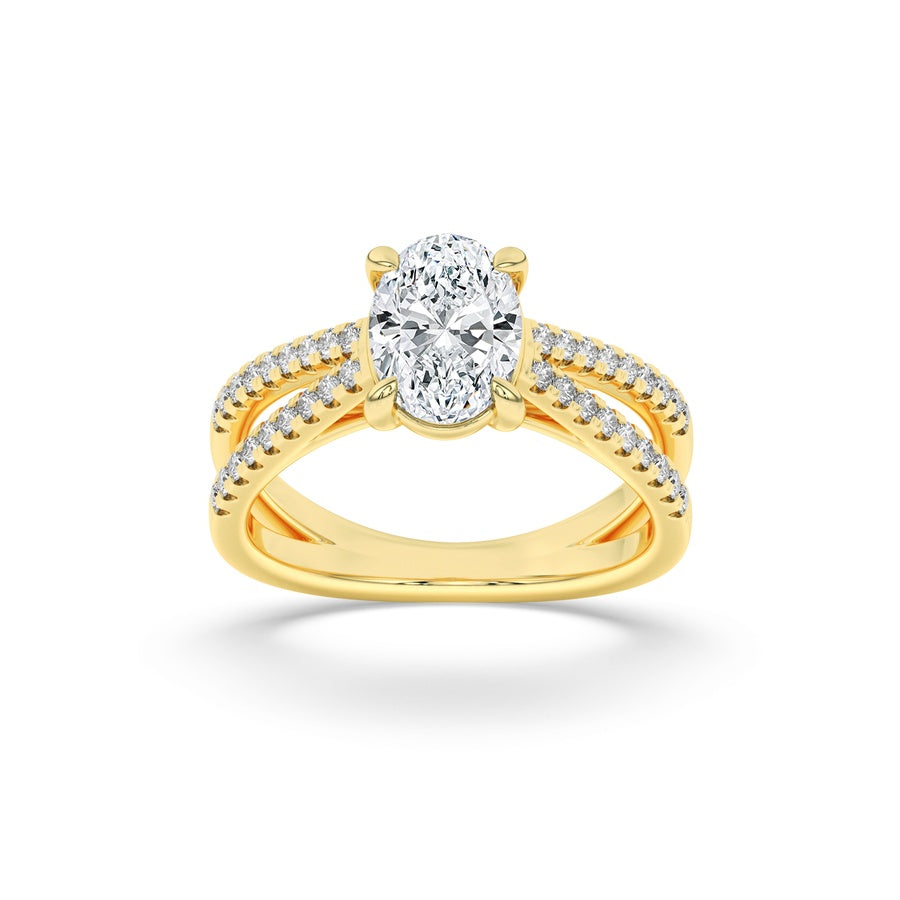 2CTW Oval Shaped Lab Grown Diamond (F/VS) Cross Shank Accented Engagement Ring in 14K Gold