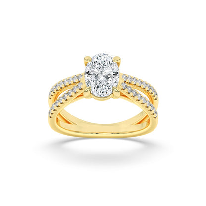 2CTW Oval Shaped Lab Grown Diamond (F/VS) Cross Shank Accented Engagement Ring in 14K Gold