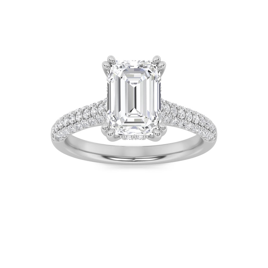 3CTW Emerald Shaped Lab Grown Diamond (F/VS) Triple Row Accented Engagement Ring in 14K Gold