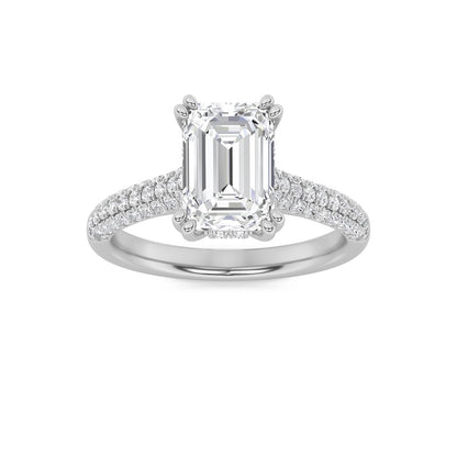 3CTW Emerald Shaped Lab Grown Diamond (F/VS) Triple Row Accented Engagement Ring in 14K Gold