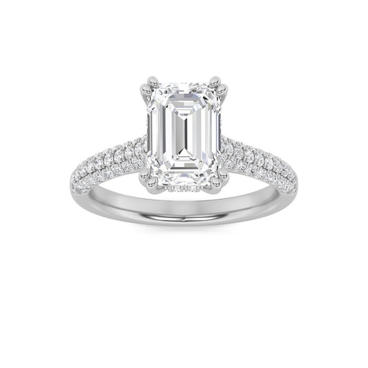 3CTW Emerald Shaped Lab Grown Diamond (F/VS) Triple Row Accented Engagement Ring in 14K Gold
