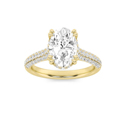 3CTW Oval Shaped Lab Grown Diamond (F/VS) Triple Row Accented Engagement Ring in 14K Gold