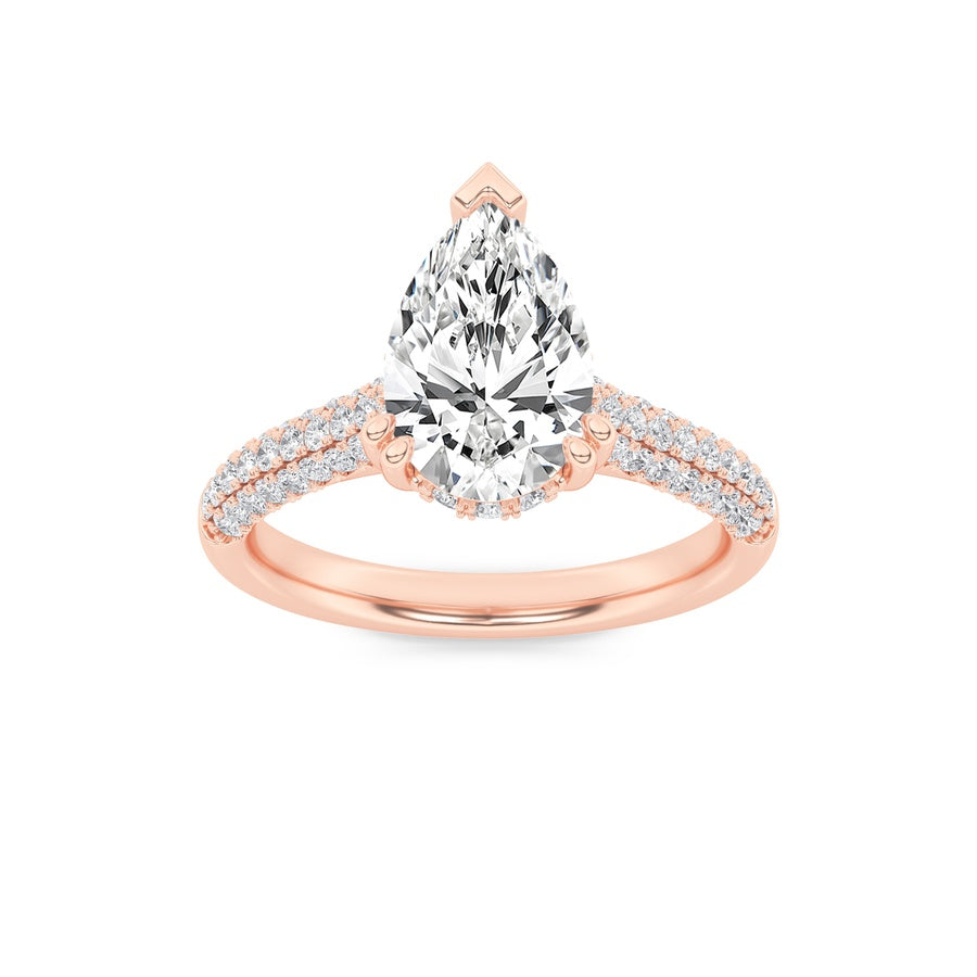 3CTW Pear Shaped Lab Grown Diamond (F/VS) Triple Row Accented Engagement Ring in 14K Gold