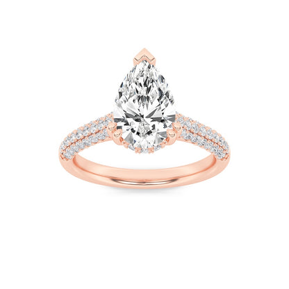 3CTW Pear Shaped Lab Grown Diamond (F/VS) Triple Row Accented Engagement Ring in 14K Gold