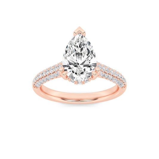 3CTW Pear Shaped Lab Grown Diamond (F/VS) Triple Row Accented Engagement Ring in 14K Gold
