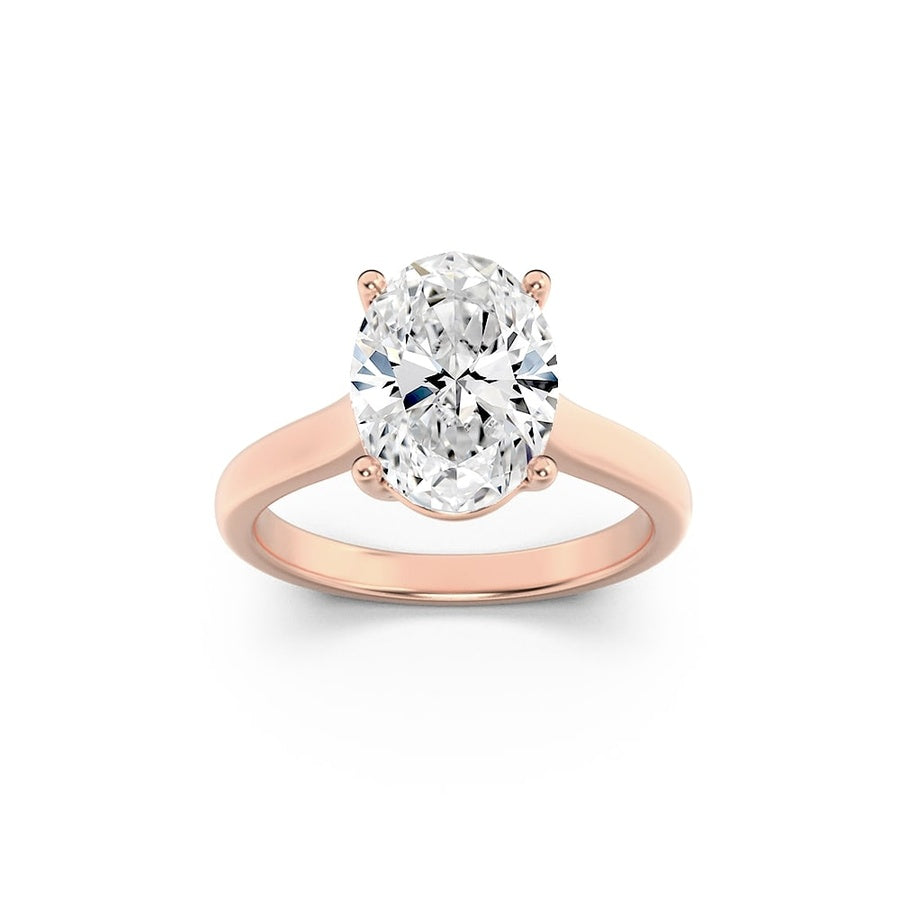 2CTW Oval Shaped Lab Grown Diamond (F/VS) Plain Cathedral Trellis Shank Solitaire Engagement Ring in 14K Gold