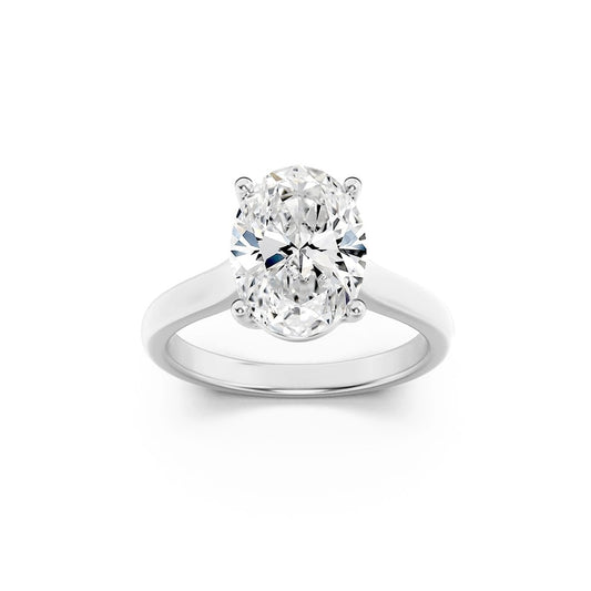 2.5CTW Oval Shaped Lab Grown Diamond (F/VS) Plain Cathedral Trellis Shank Solitaire Engagement Ring in 14K Gold