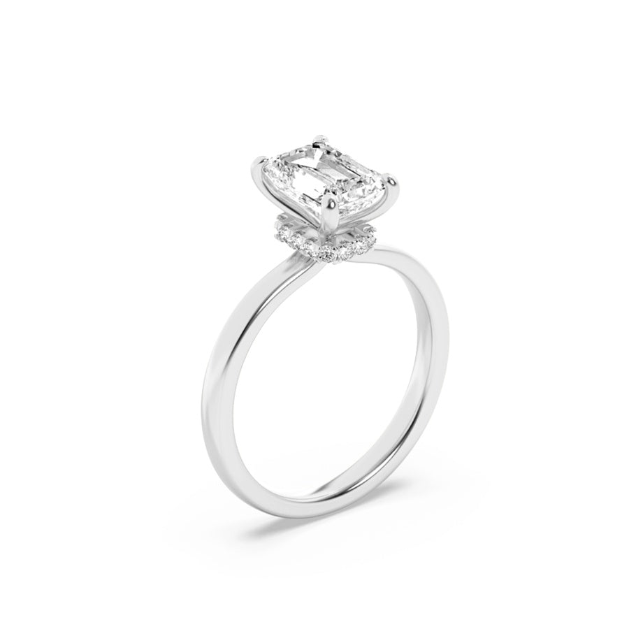 2CTW Emerald Shaped Lab Grown Diamond (F/VS) Hidden Halo Plain Shank Engagement Ring in 14K Gold