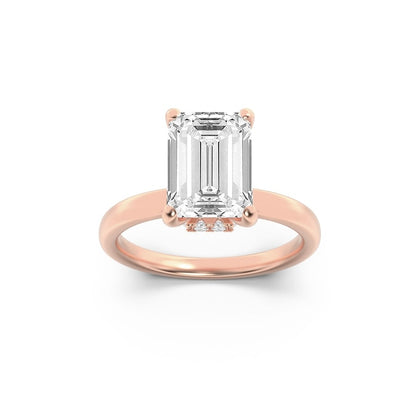 2CTW Emerald Shaped Lab Grown Diamond (F/VS) Hidden Halo Plain Shank Engagement Ring in 14K Gold