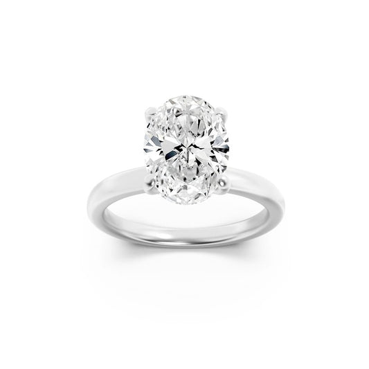 2CTW Oval Shaped Lab Grown Diamond (F/VS) Hidden Halo Plain Shank Engagement Ring in 14K Gold