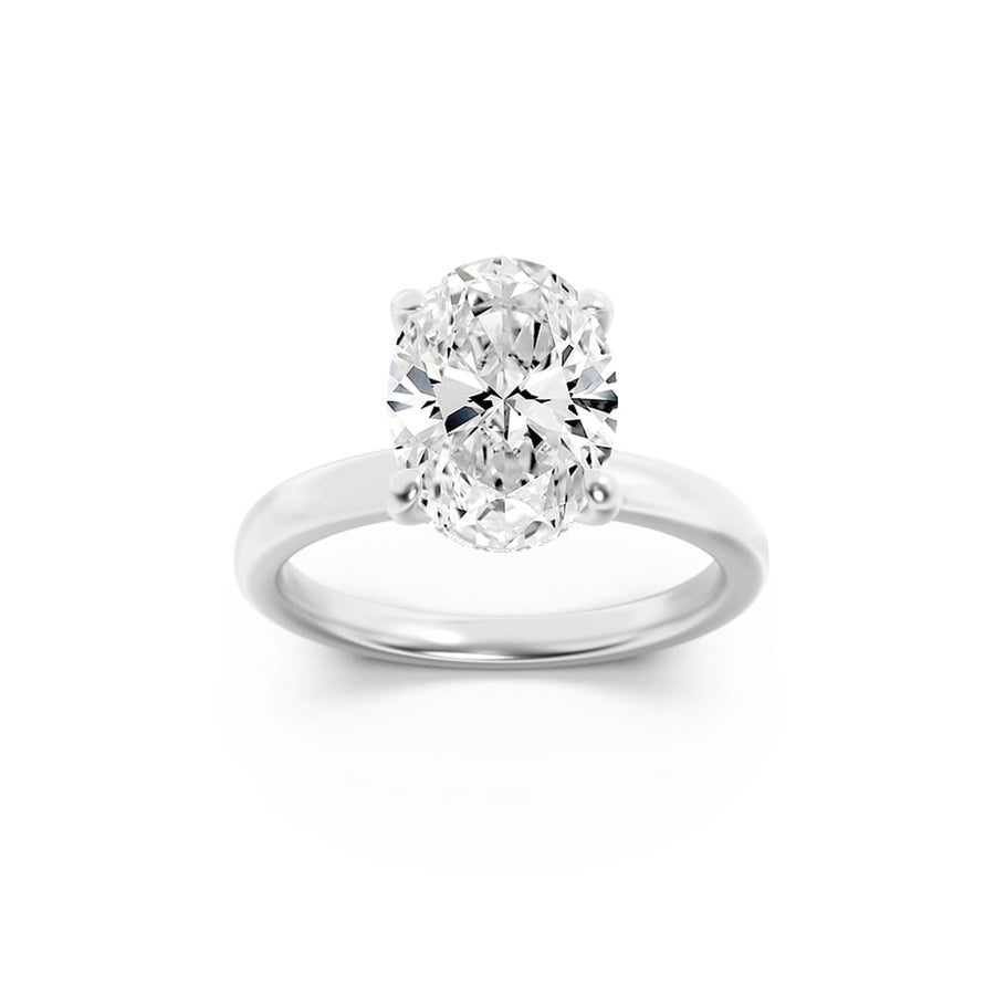 3CTW Oval Shaped Lab Grown Diamond (F/VS) Hidden Halo Plain Shank Engagement Ring in 14K Gold