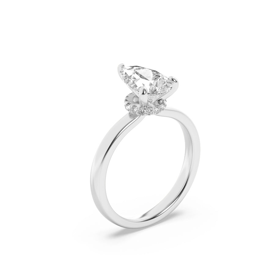 3CTW Pear Shaped Lab Grown Diamond (F/VS) Hidden Halo Plain Shank Engagement Ring in 14K Gold