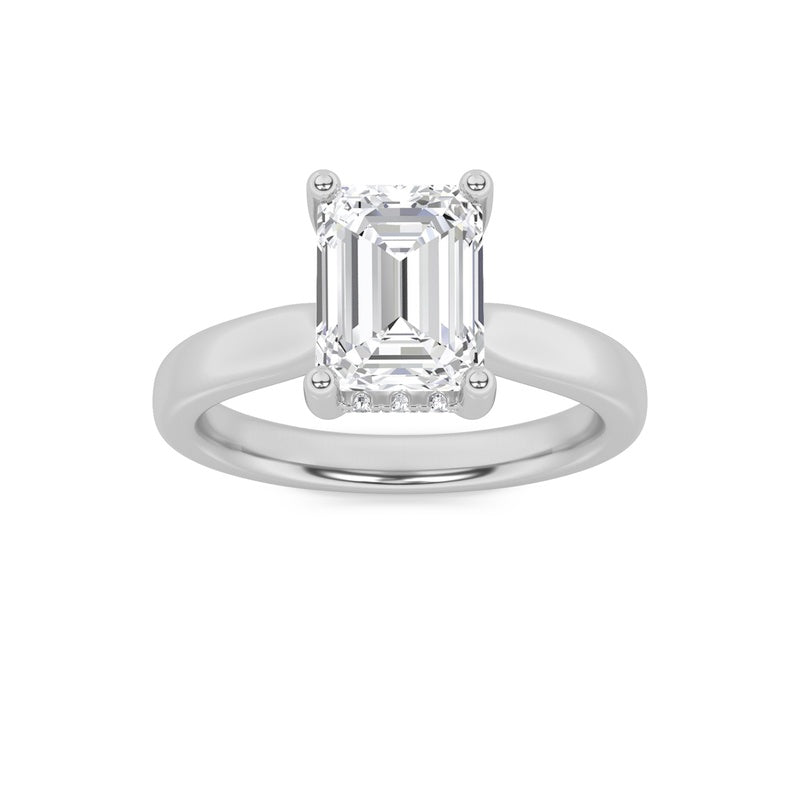 2CTW Emerald Shaped Lab Grown Diamond (F/VS) Hidden Halo Cathedral Shank Engagement Ring in 14K Gold