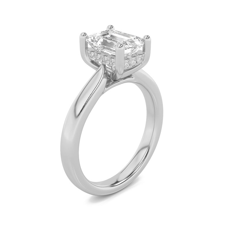2CTW Emerald Shaped Lab Grown Diamond (F/VS) Hidden Halo Cathedral Shank Engagement Ring in 14K Gold