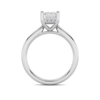 2CTW Emerald Shaped Lab Grown Diamond (F/VS) Hidden Halo Cathedral Shank Engagement Ring in 14K Gold