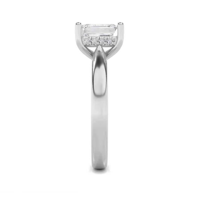 2CTW Emerald Shaped Lab Grown Diamond (F/VS) Hidden Halo Cathedral Shank Engagement Ring in 14K Gold