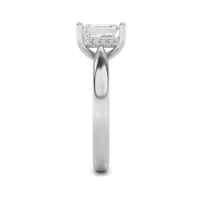 2CTW Emerald Shaped Lab Grown Diamond (F/VS) Hidden Halo Cathedral Shank Engagement Ring in 14K Gold