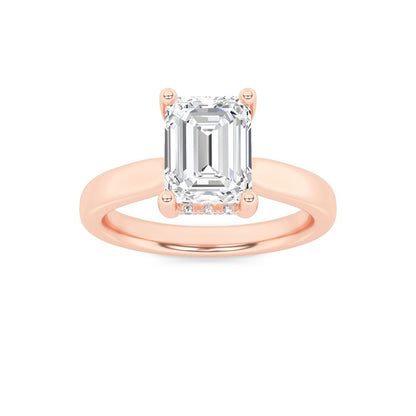 2CTW Emerald Shaped Lab Grown Diamond (F/VS) Hidden Halo Cathedral Shank Engagement Ring in 14K Gold