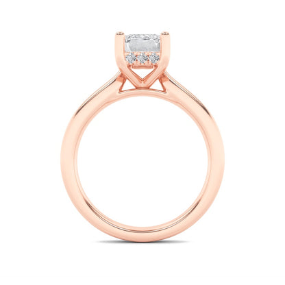 2CTW Emerald Shaped Lab Grown Diamond (F/VS) Hidden Halo Cathedral Shank Engagement Ring in 14K Gold