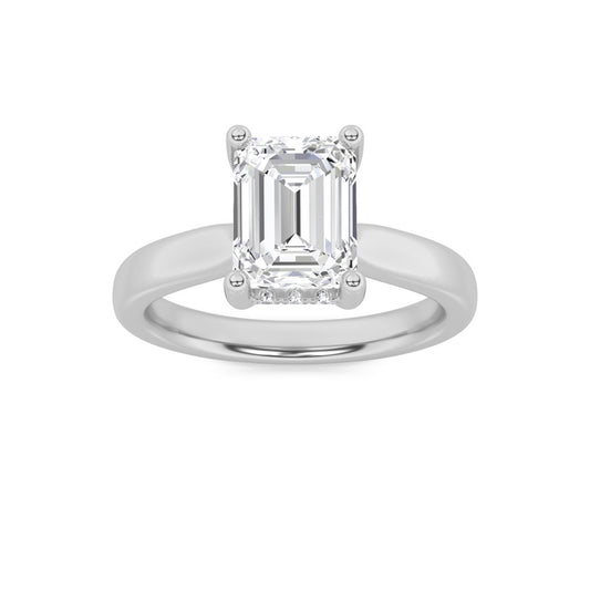 3CTW Emerald Shaped Lab Grown Diamond (F/VS) Hidden Halo Cathedral Shank Engagement Ring in 14K Gold