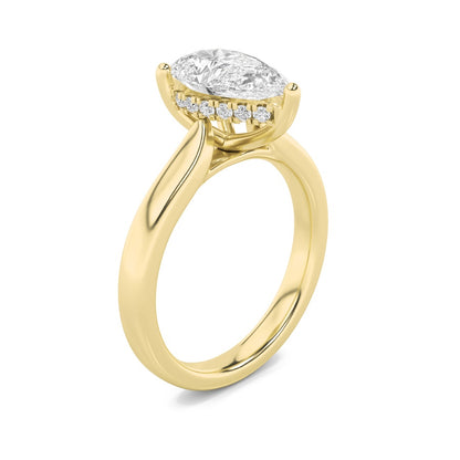 1CTW Pear Shaped Lab Grown Diamond (F/VS) Hidden Halo Cathedral Shank Engagement Ring in 14K Gold