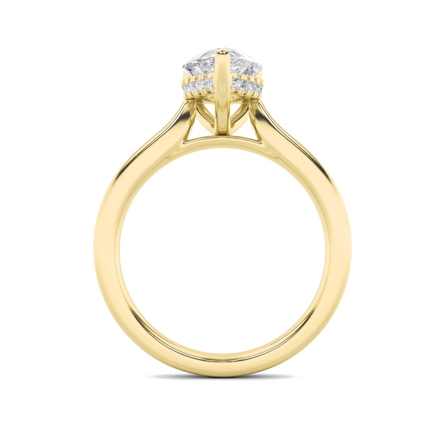 1CTW Pear Shaped Lab Grown Diamond (F/VS) Hidden Halo Cathedral Shank Engagement Ring in 14K Gold