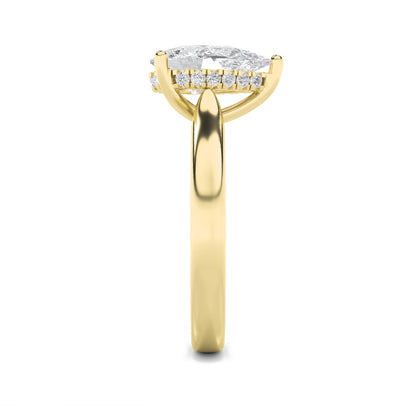1CTW Pear Shaped Lab Grown Diamond (F/VS) Hidden Halo Cathedral Shank Engagement Ring in 14K Gold